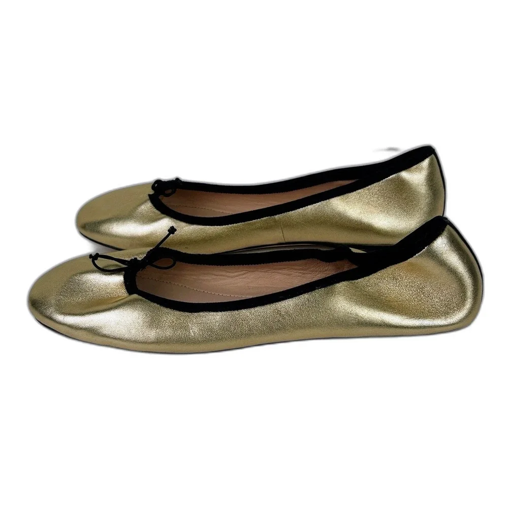 J. Crew Elvie Gold Metallic Ballet Flats Leather Almond Toe Shoes Black Trim 7.5